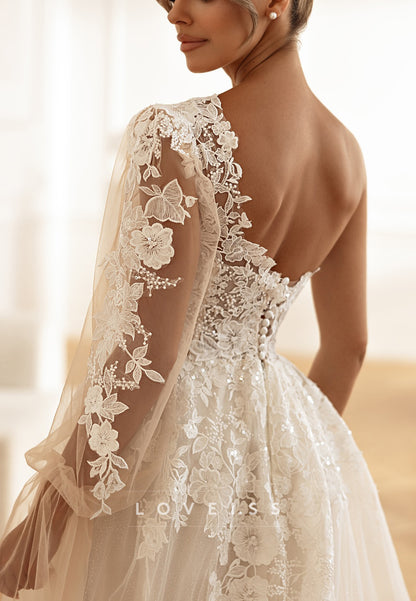 One Shoulder Long Sleeves Appliques A-Line Wedding Dress