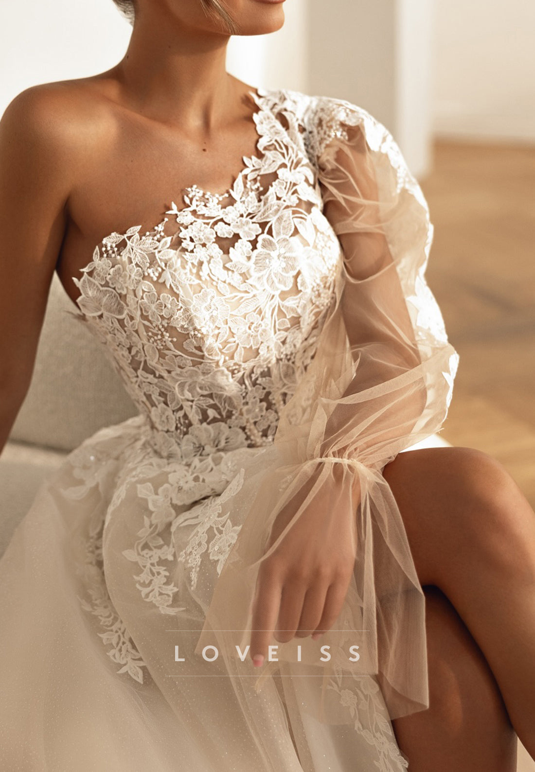 One Shoulder Long Sleeves Appliques A-Line Wedding Dress