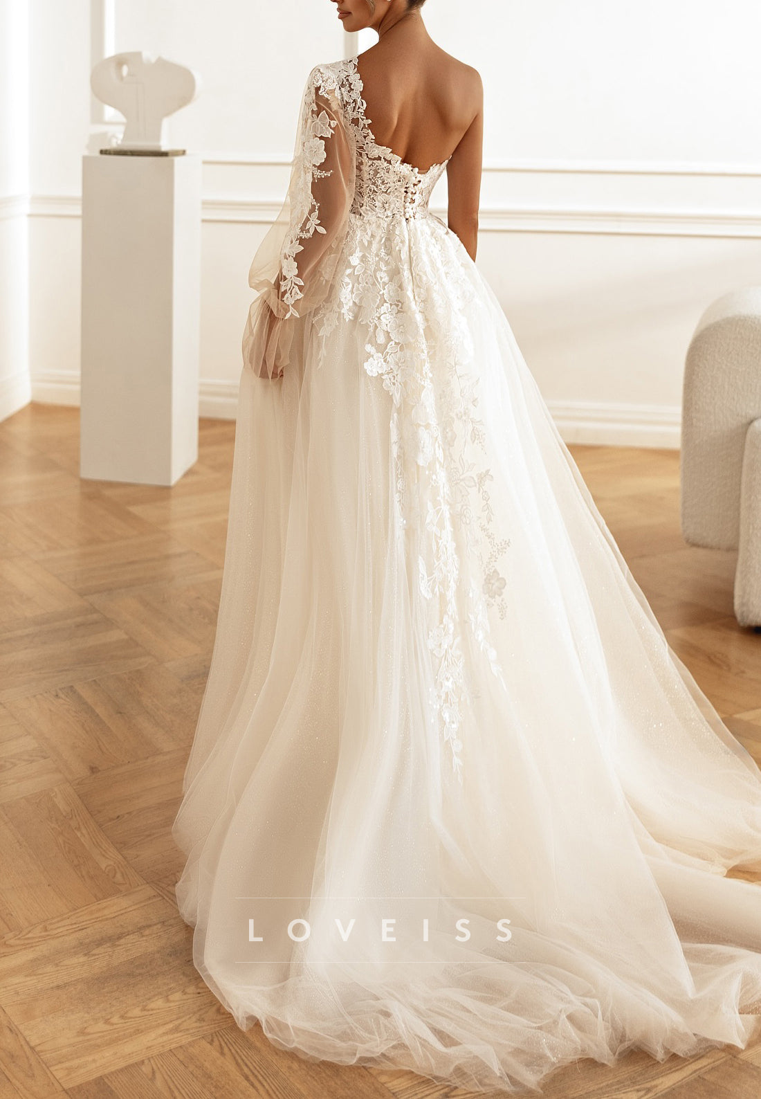 One Shoulder Long Sleeves Appliques A-Line Wedding Dress