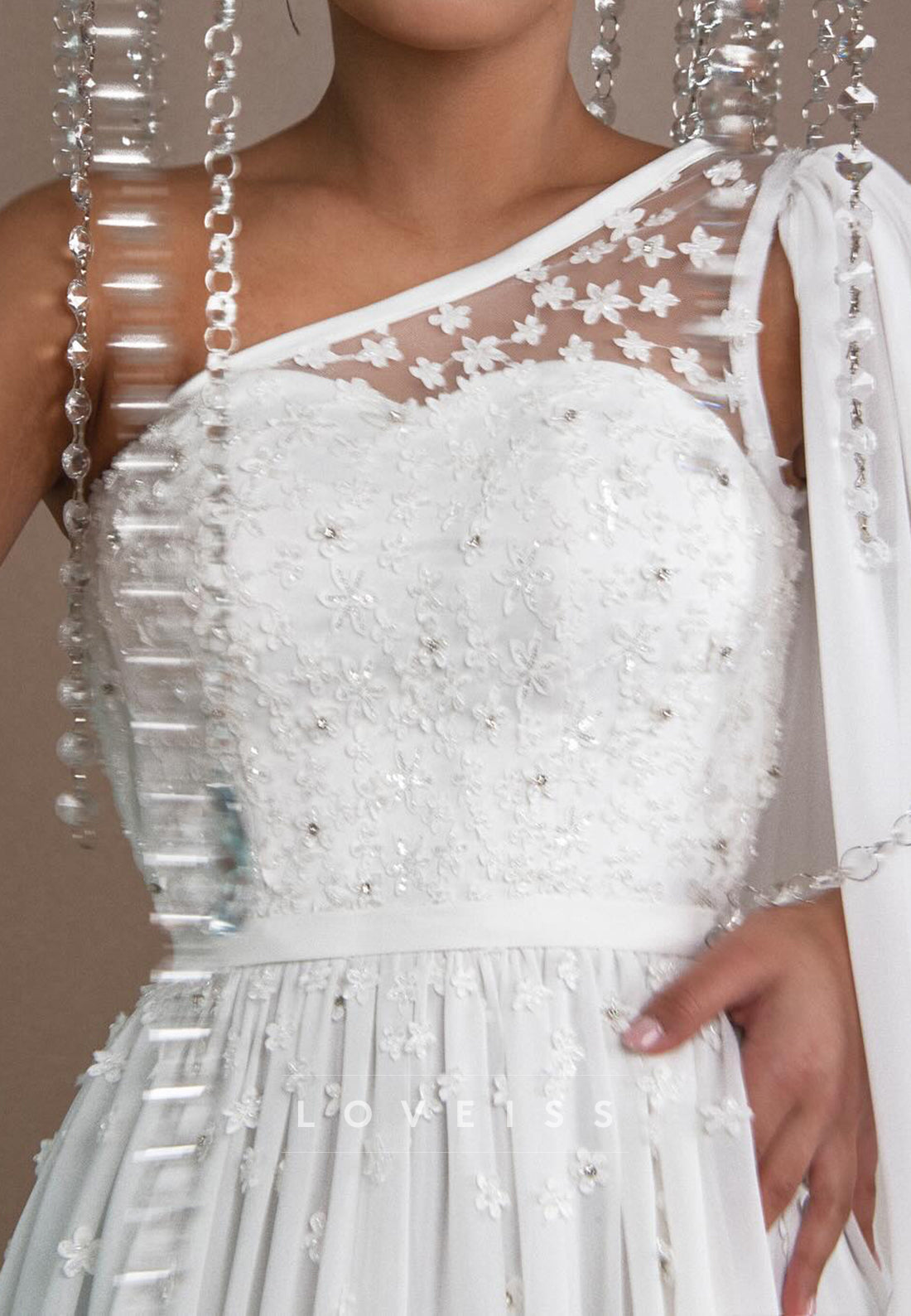 One Shoulder Long Sleeves Appliques Chiffon A-Line Wedding Dress