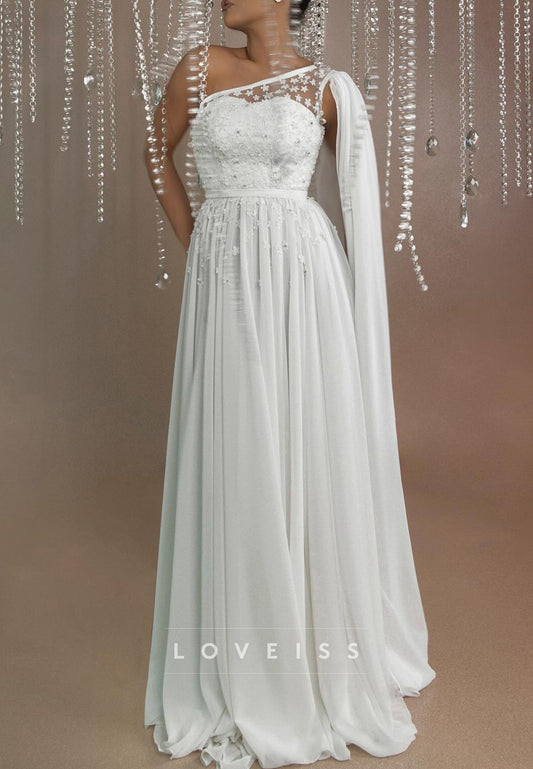 One Shoulder Long Sleeves Appliques Chiffon A-Line Wedding Dress