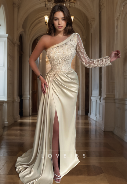 One Shoulder Long Sleeves Appliques Ruched Sheath Prom Dress