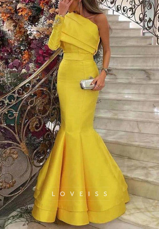 One Shoulder Long Sleeves Beaded Mermaid Evening Dress