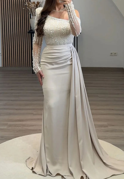One Shoulder Long Sleeves Beaded Pleated Sheath Evening Dress