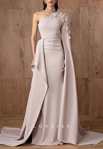 One Shoulder Long Sleeves Floral Sheath Ruffles Mother of Bride Dress