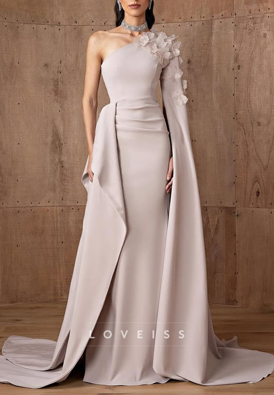 One Shoulder Long Sleeves Floral Sheath Ruffles Mother of Bride Dress