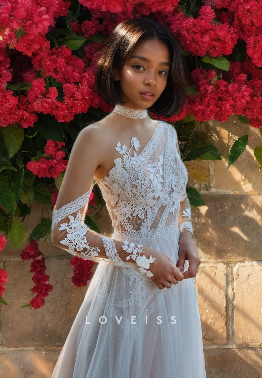 One Shoulder Long Sleeves Lace Appliques Tulle A-Line Wedding Dress