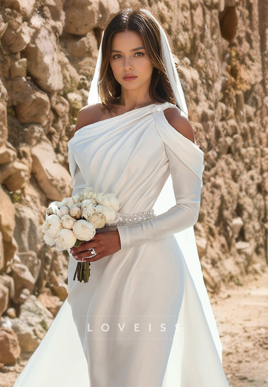 One Shoulder Long Sleeves Mermaid Beach Wedding Dress