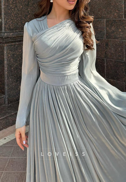 One Shoulder Long Sleeves Pleated A-Line Wedding Guest Dress