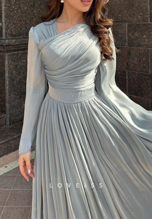 One Shoulder Long Sleeves Pleated A-Line Wedding Guest Dress