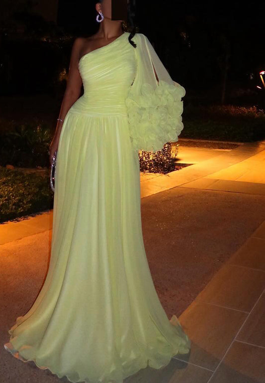One Shoulder Long Sleeves Pleated Chiffon A-Line Evening Dress