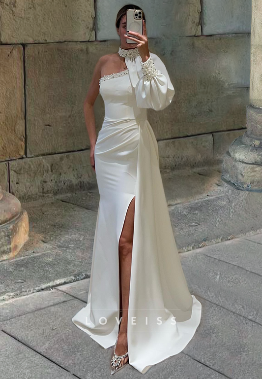 One Shoulder Long Sleeves Ruched High Slit Prom Dress