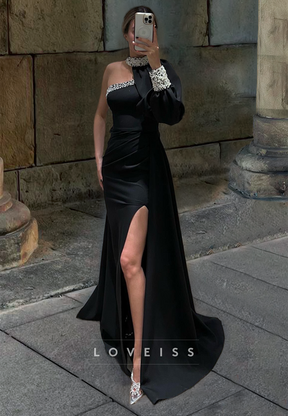 One Shoulder Long Sleeves Ruched High Slit Prom Dress