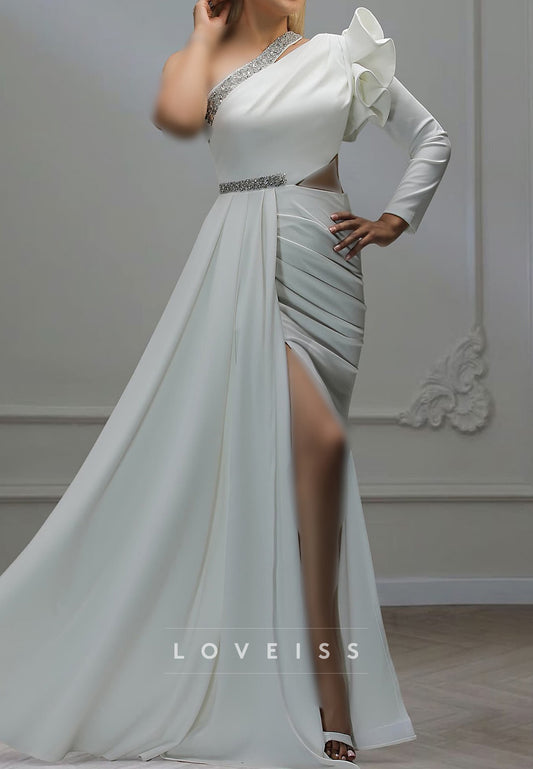One Shoulder Long Sleeves Ruffles Beaded Sheath Mother of Bride Dress