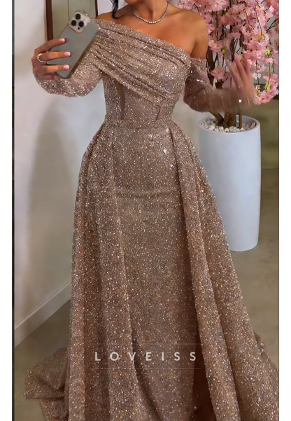 One Shoulder Long Sleeves Sequins Embroidery Mermaid Prom Dress