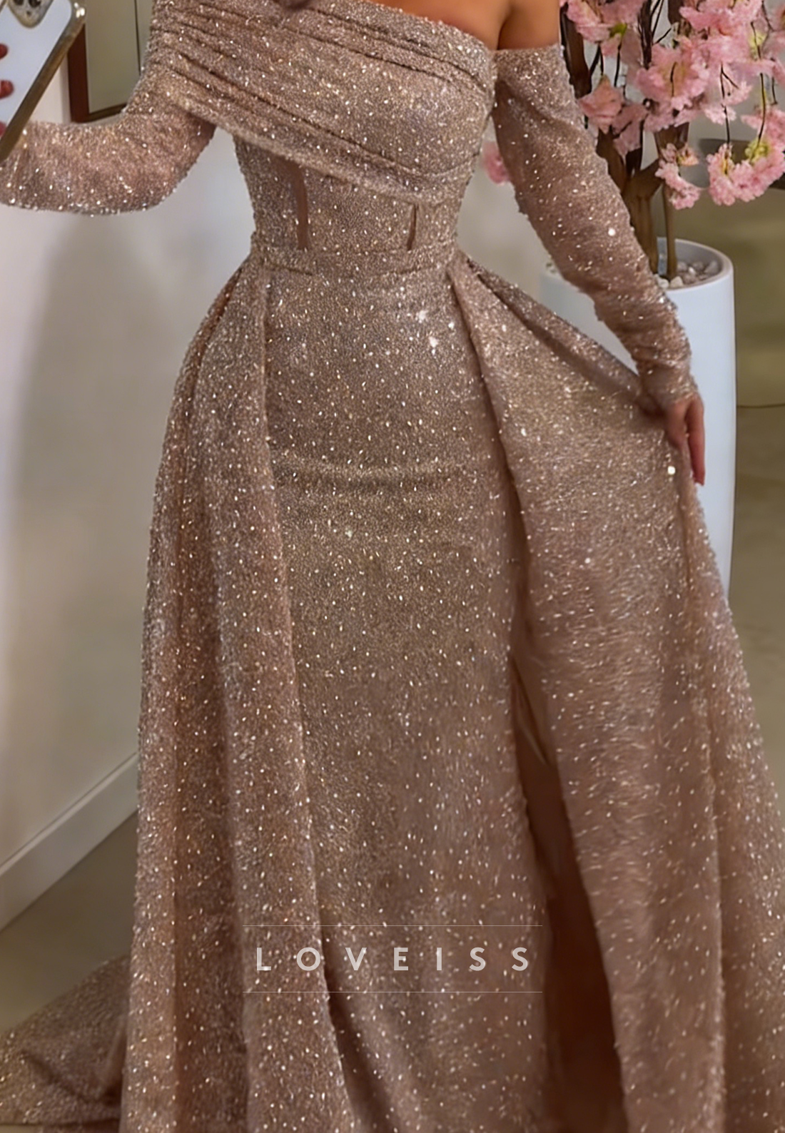 One Shoulder Long Sleeves Sequins Embroidery Mermaid Prom Dress