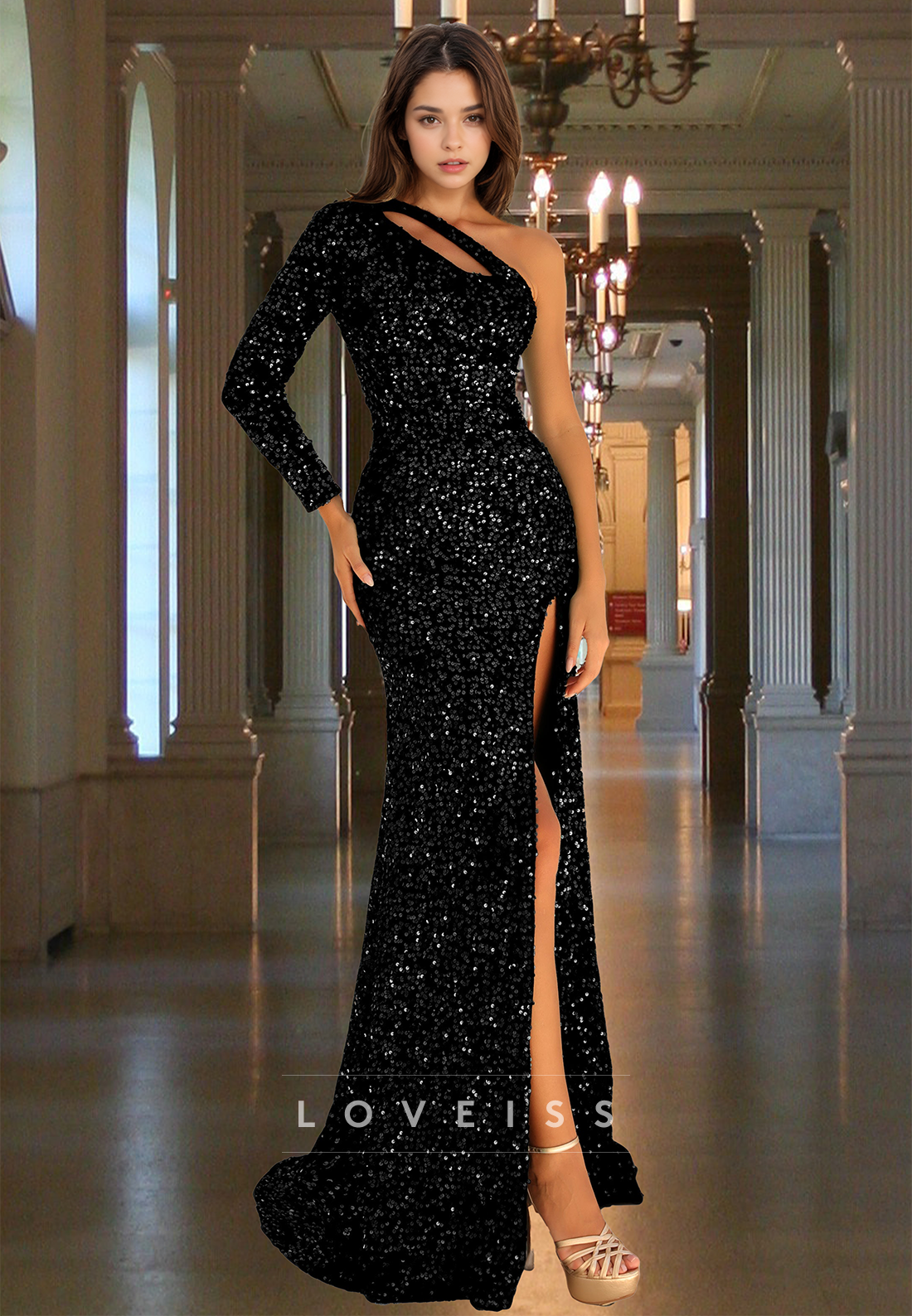 One Shoulder Long Sleeves Sequins High Slit Sheath Sparkly Evening Dress