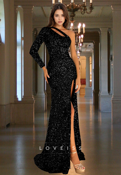 One Shoulder Long Sleeves Sequins High Slit Sheath Sparkly Evening Dress