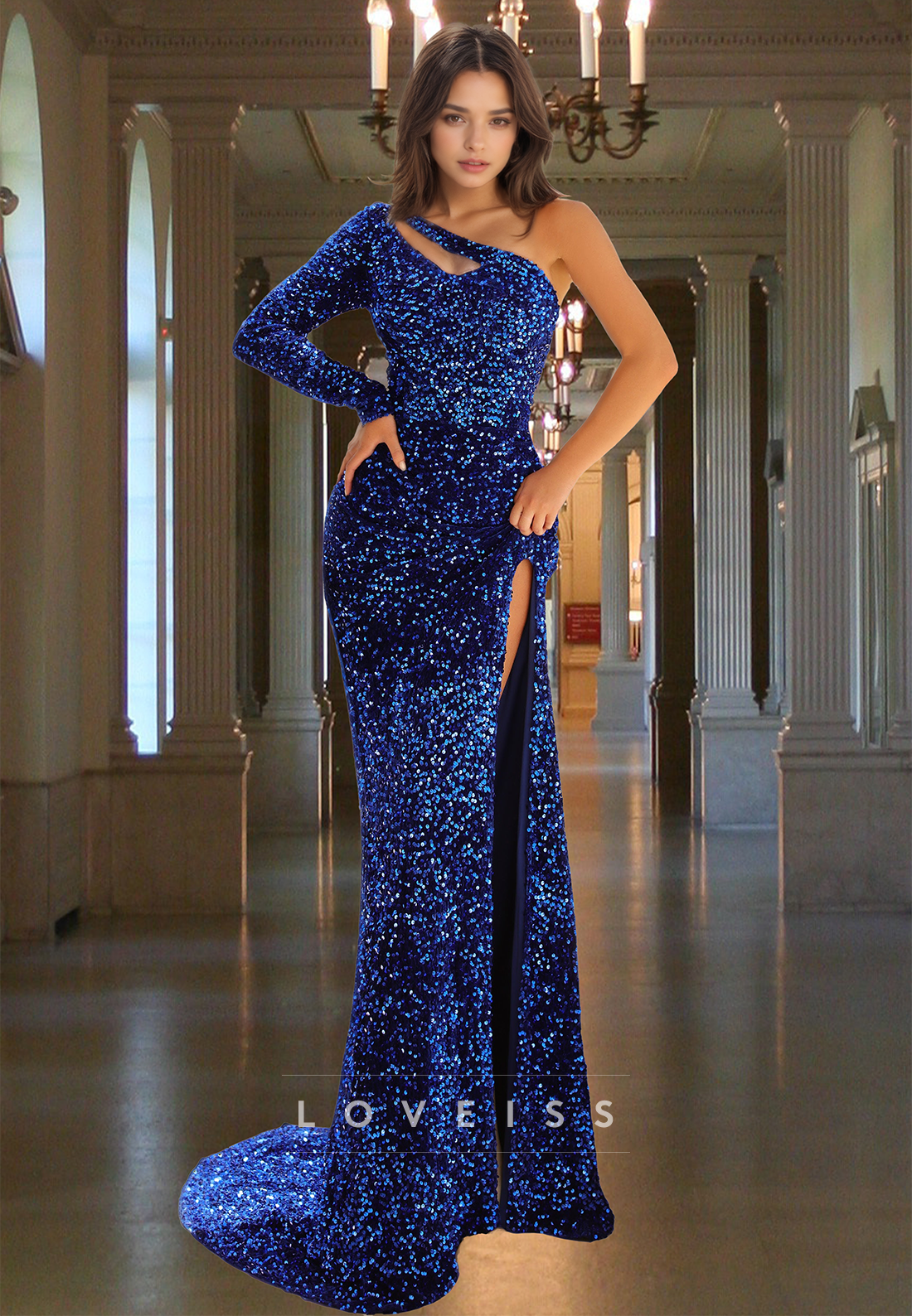 One Shoulder Long Sleeves Sequins High Slit Sheath Sparkly Evening Dress