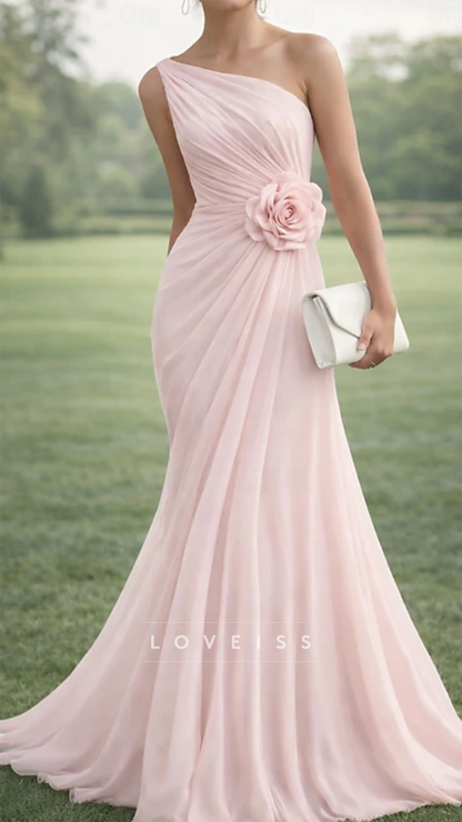 One Shoulder Pleated 3D Floral Mermaid Mother of Bride Dress