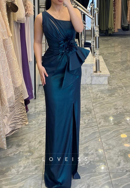 One Shoulder Pleated 3D Floral Sheath Mother of Bride Dress Evening Dress