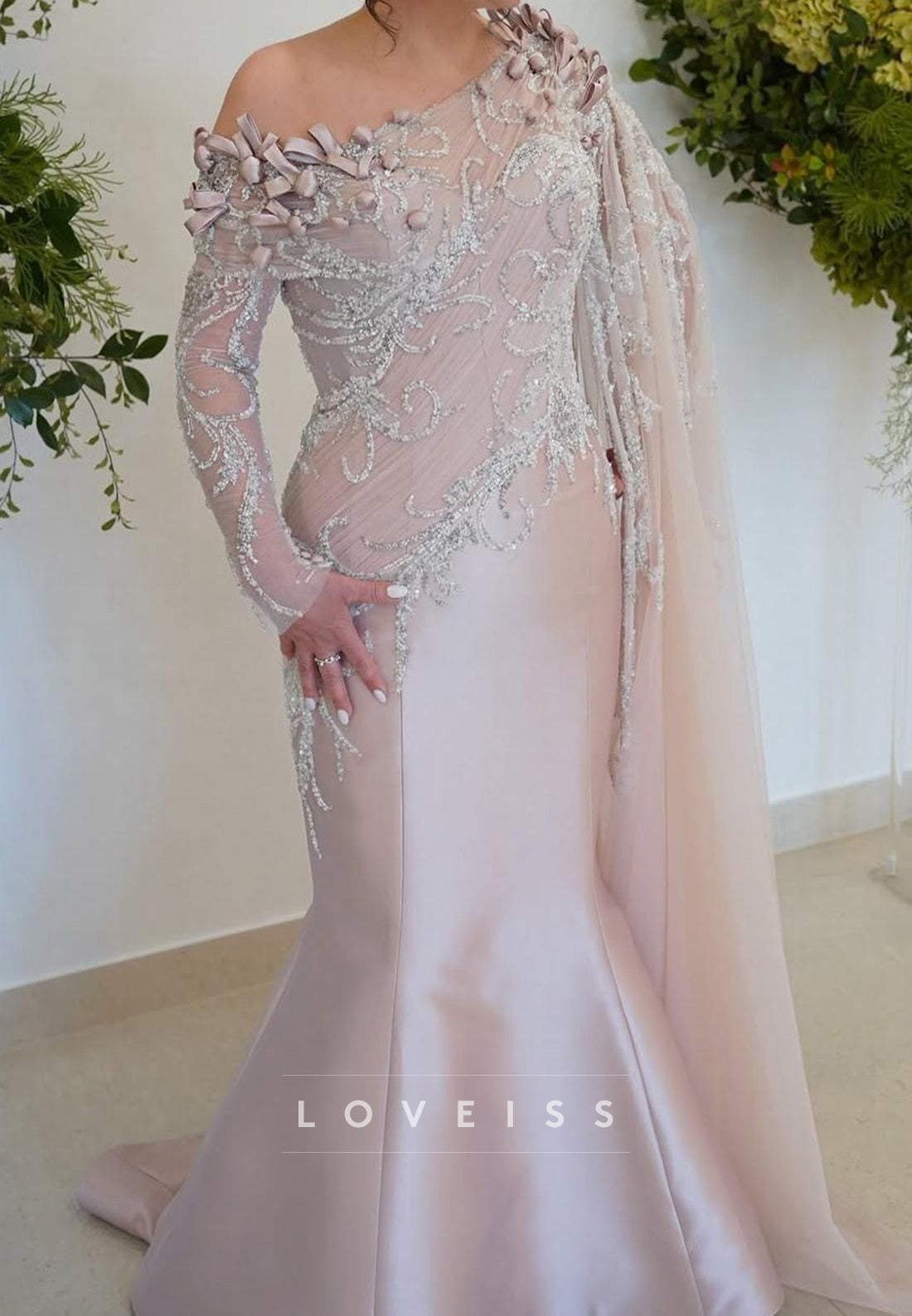 One Shoulder Pleated Appliques Mermaid Satin Mother of Bride Dress