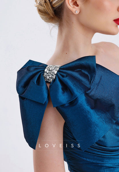 One Shoulder Pleated Bowknot Sheath Evening Dress