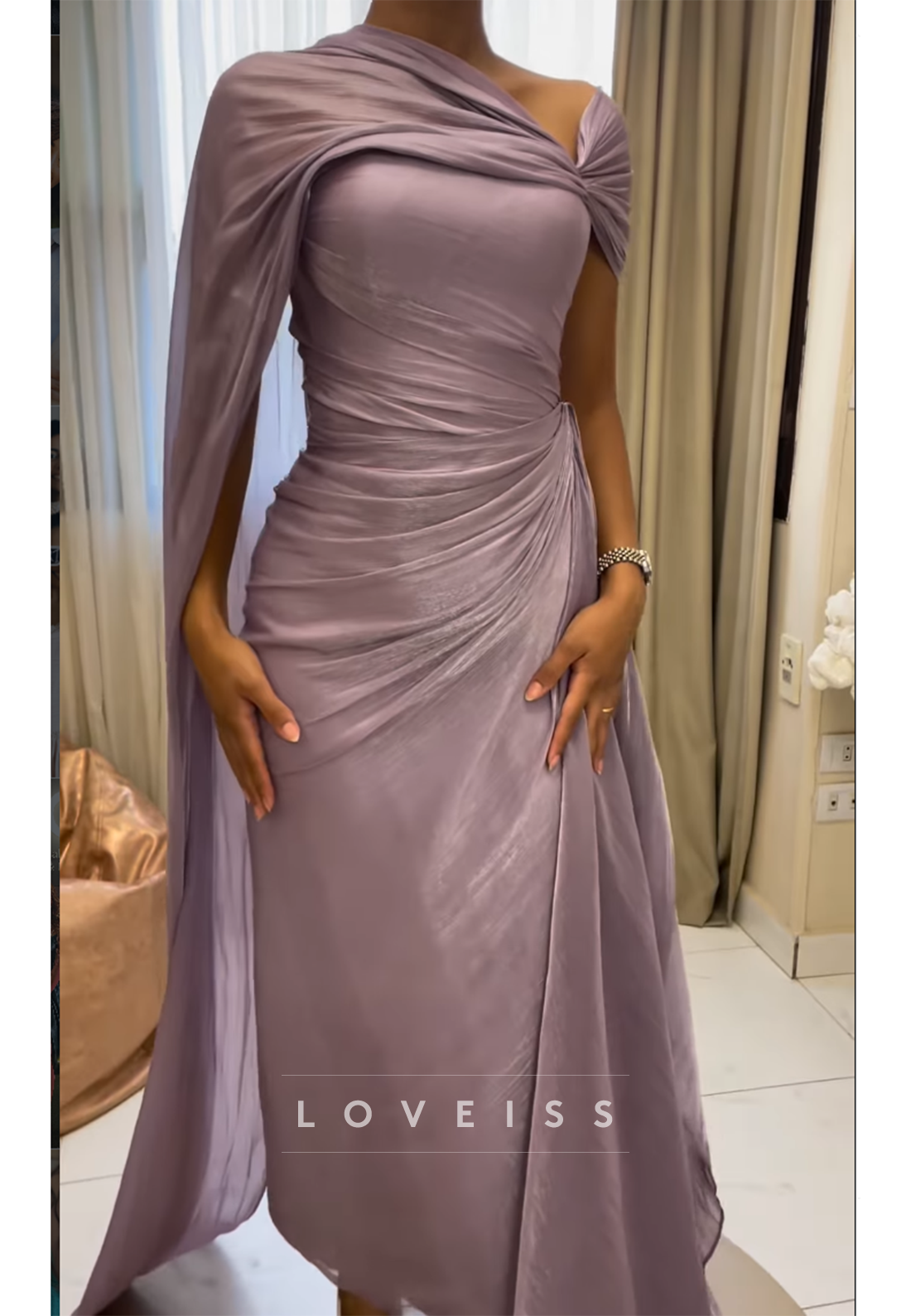 One Shoulder Pleated Sheath Evening Dress