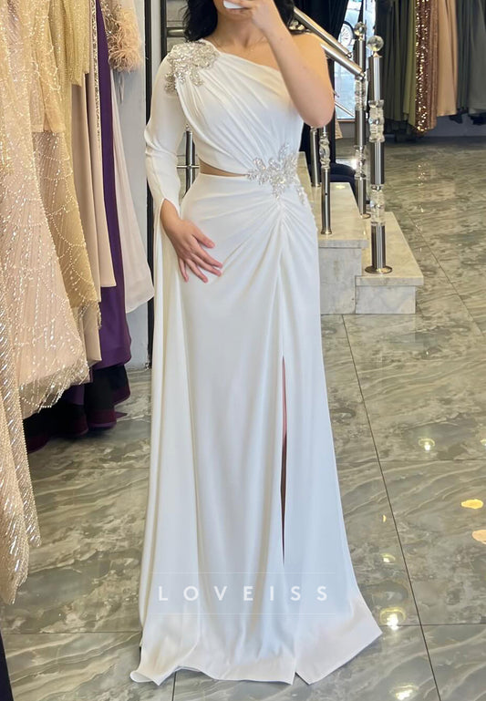 One Shoulder Pleated Side Slit Beaded Sheath Formal Dress