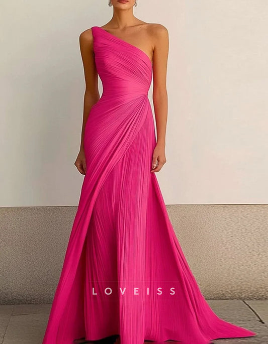 One Shoulder Pleated Solid Color Maxi Dress