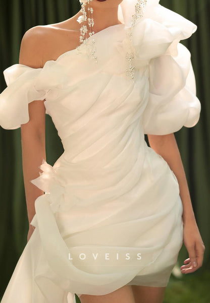 One Shoulder Puff Sleeves Pleated Short Wedding Dress