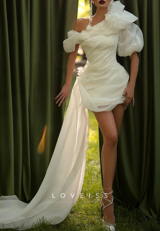 One Shoulder Puff Sleeves Pleated Short Wedding Dress