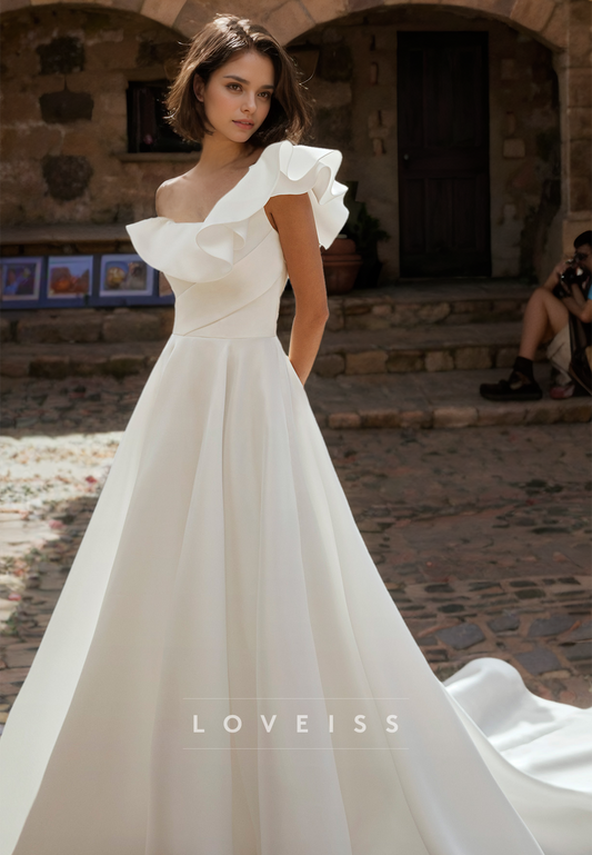 One Shoulder Ruffled Pleated Satin A-Line Wedding Dress