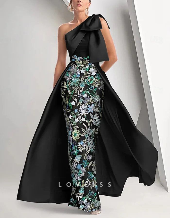 One Shoulder Satin Sequin Bodycon Maxi Dress