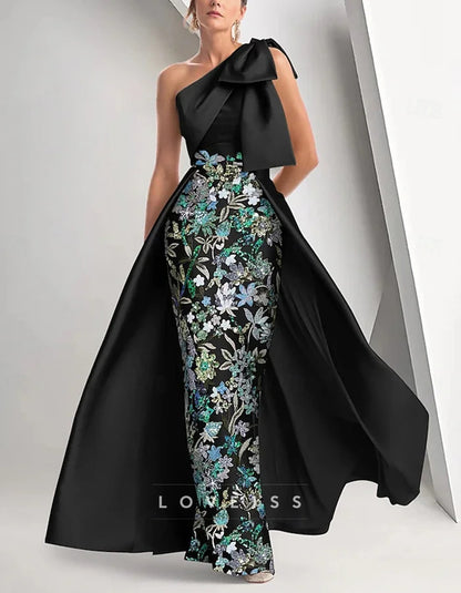 One Shoulder Satin Sequin Bodycon Maxi Dress