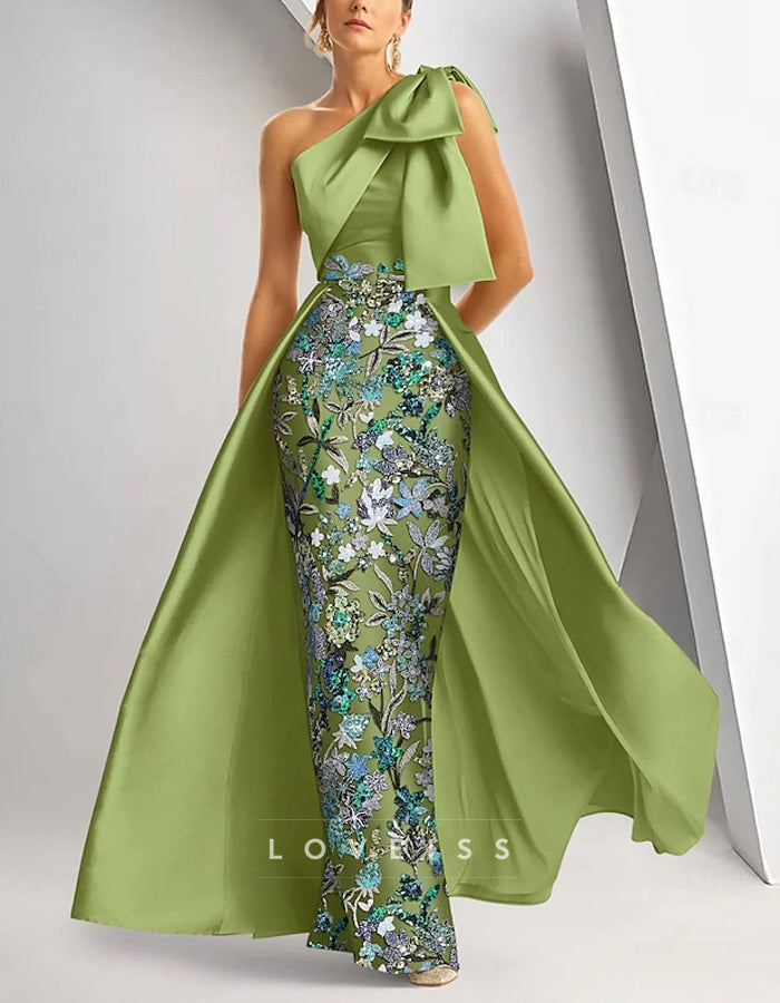 One Shoulder Satin Sequin Bodycon Maxi Dress