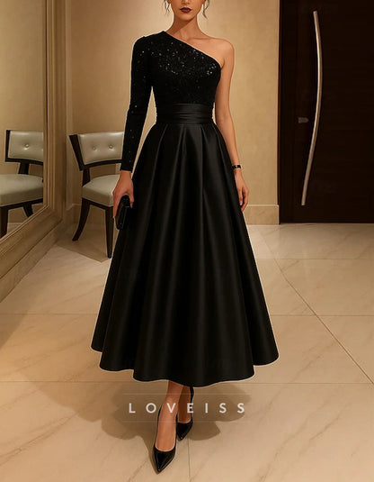 One Shoulder Satin Sequins Midi Dress