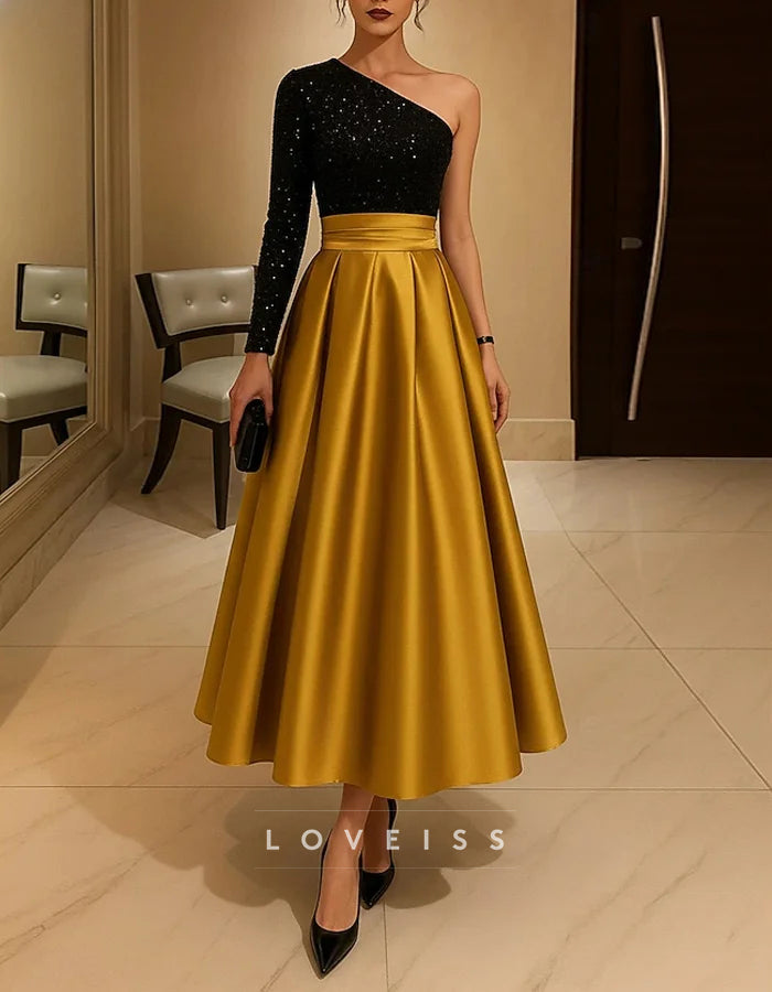 One Shoulder Satin Sequins Midi Dress