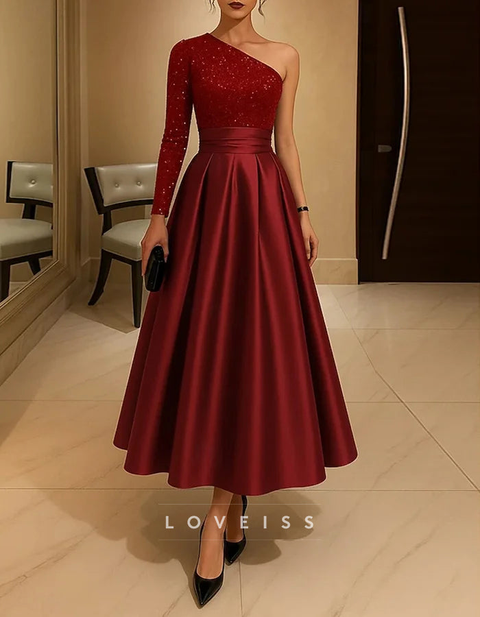 One Shoulder Satin Sequins Midi Dress