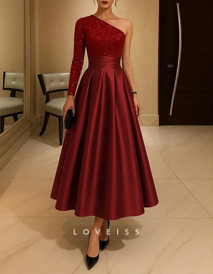 One Shoulder Satin Sequins Midi Dress