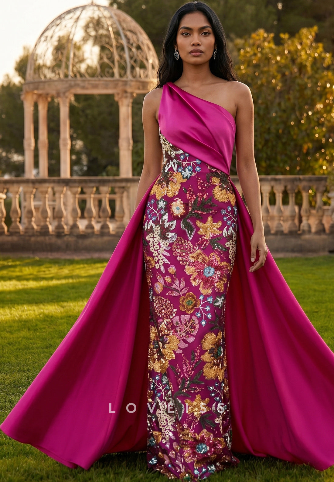 One Shoulder Sequins Appliques Satin Sheath Mother of Bride Dress