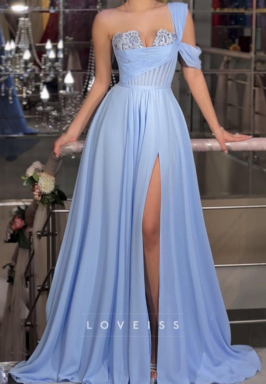 One Shoulder Sleeveless Appliques Chiffon A-Line Prom Dress