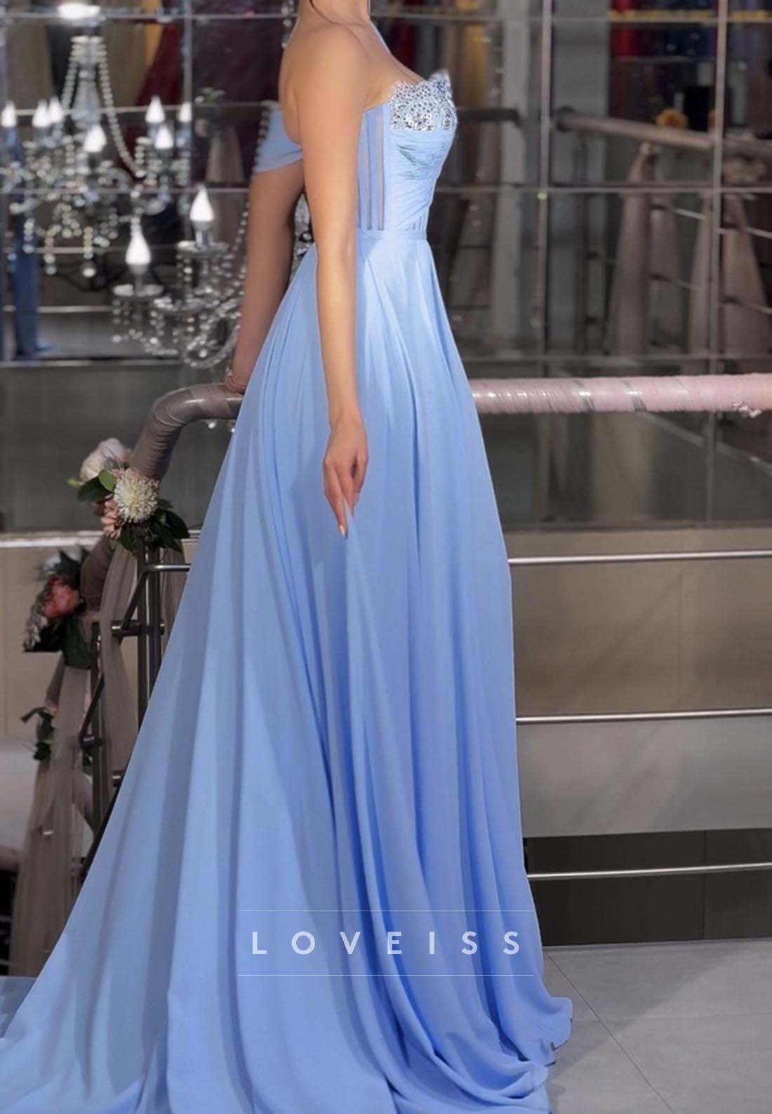 One Shoulder Sleeveless Appliques Chiffon A-Line Prom Dress