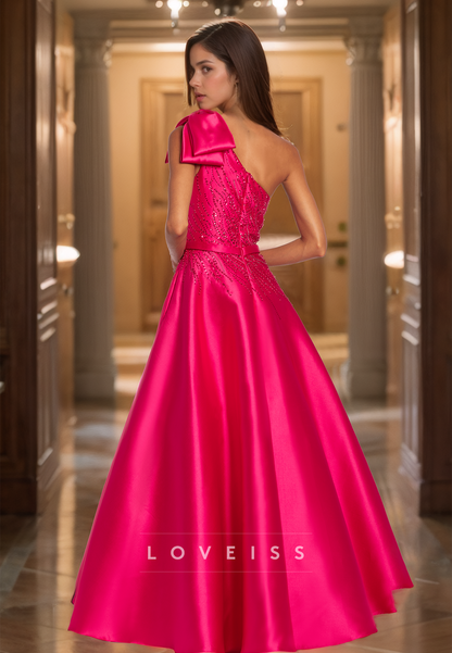 One Shoulder Sleeveless Appliques Pleated Satin A-Line Prom Dress