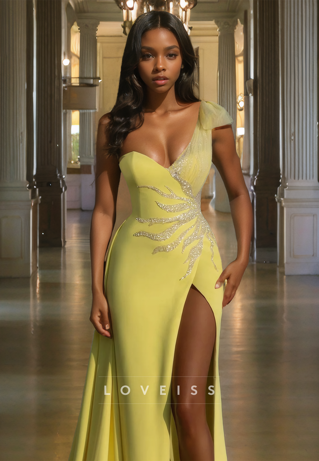 One Shoulder Sleeveless Appliques Sleek Side Slit Sheath Prom Dress