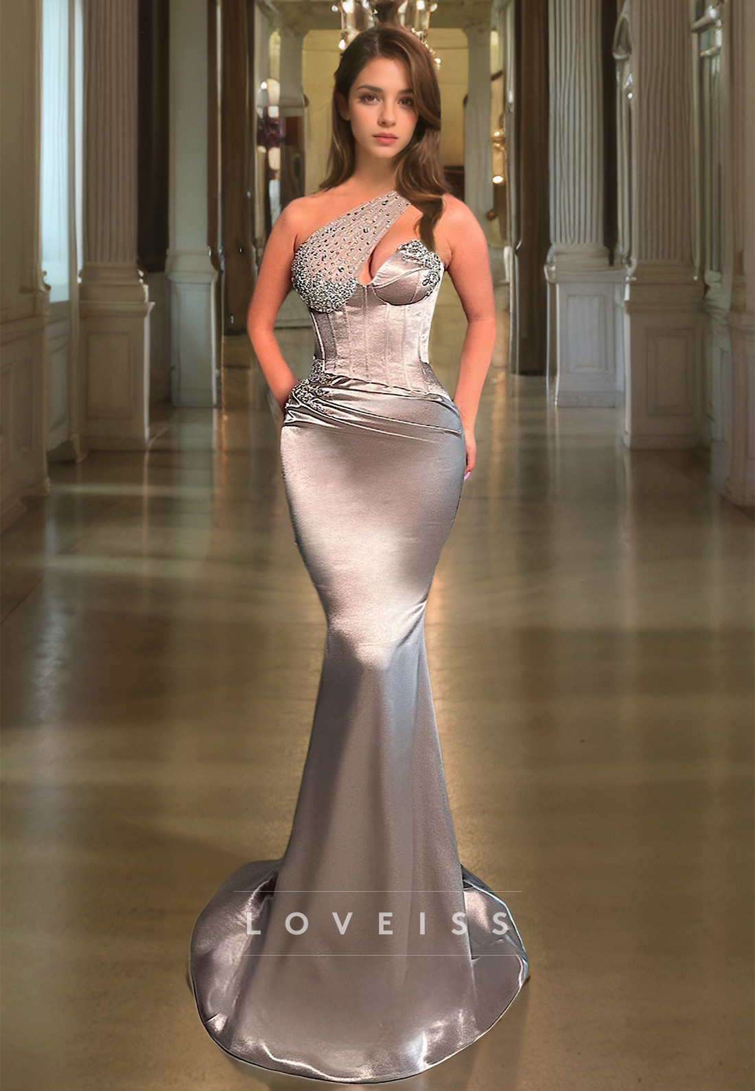 One Shoulder Sleeveless Beaded Illusion Sleek Mermaid Prom Dress