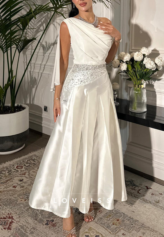 One Shoulder Sleeveless Beaded Satin A-Line Midi Evening Dress
