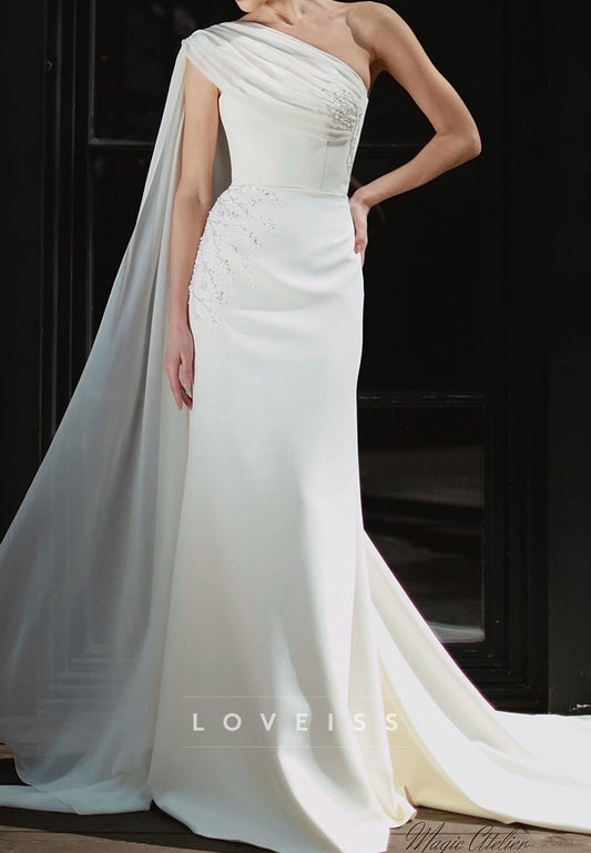 One Shoulder Sleeveless Beaded Sleek Sheath Wedding Dress