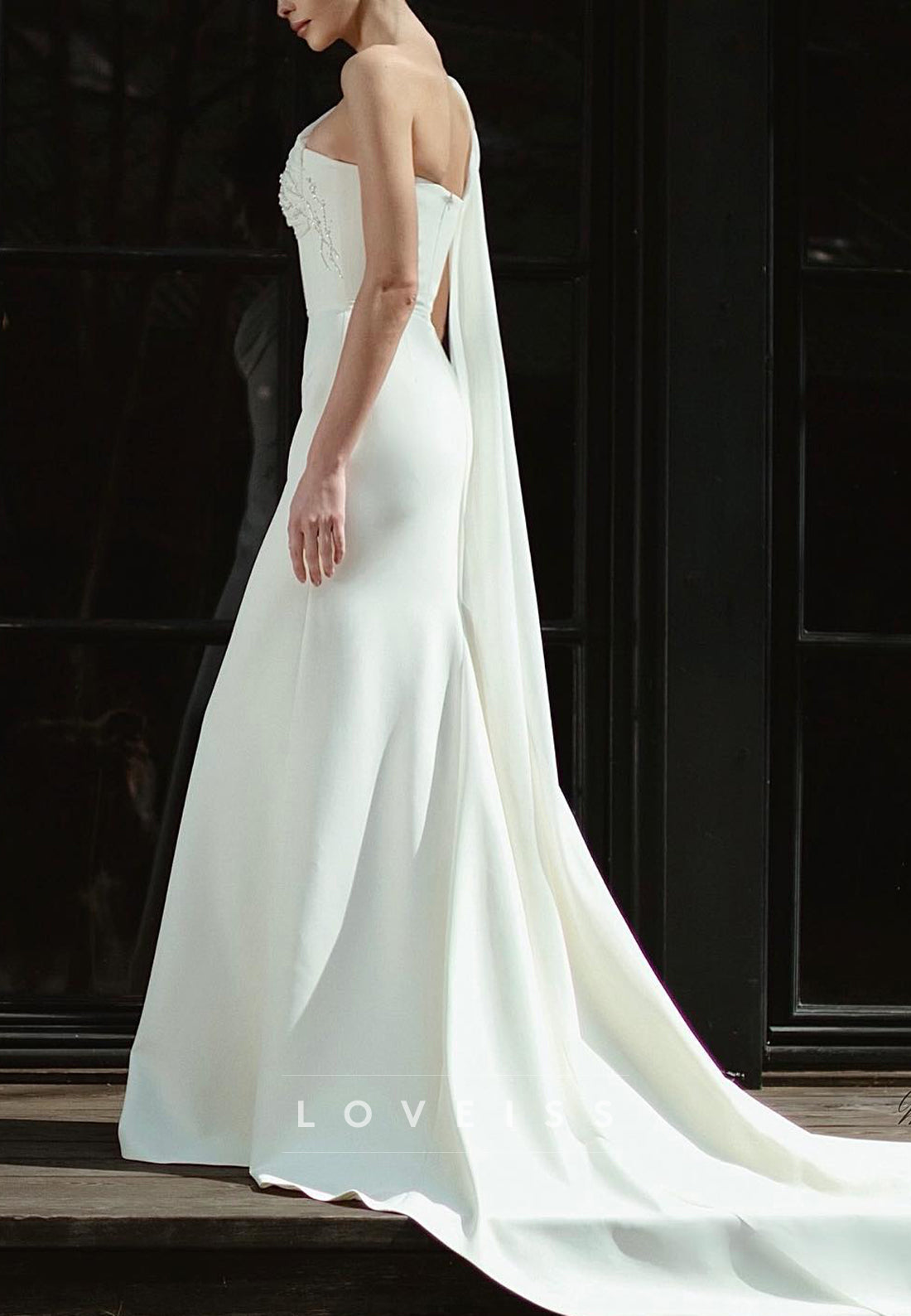 One Shoulder Sleeveless Beaded Sleek Sheath Wedding Dress