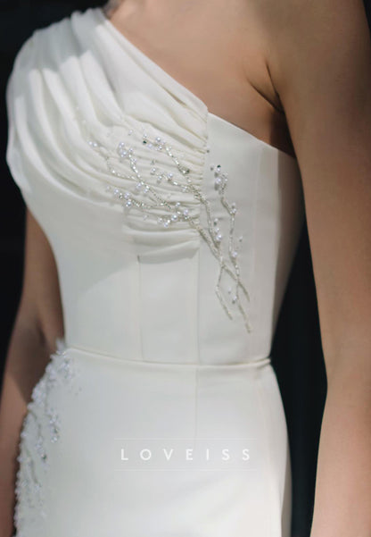 One Shoulder Sleeveless Beaded Sleek Sheath Wedding Dress